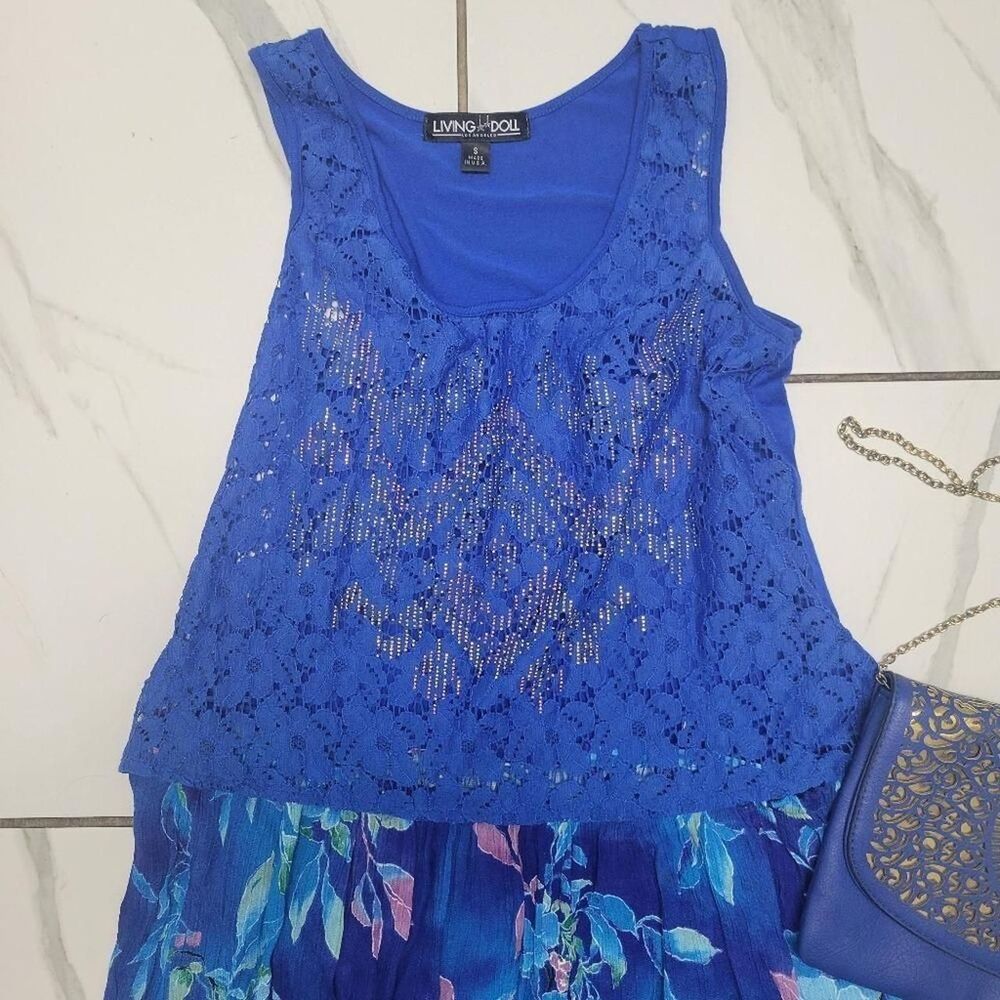 Cobalt Blue Lace Semi Sheer Mcbling Tank Top Y2K Going Out